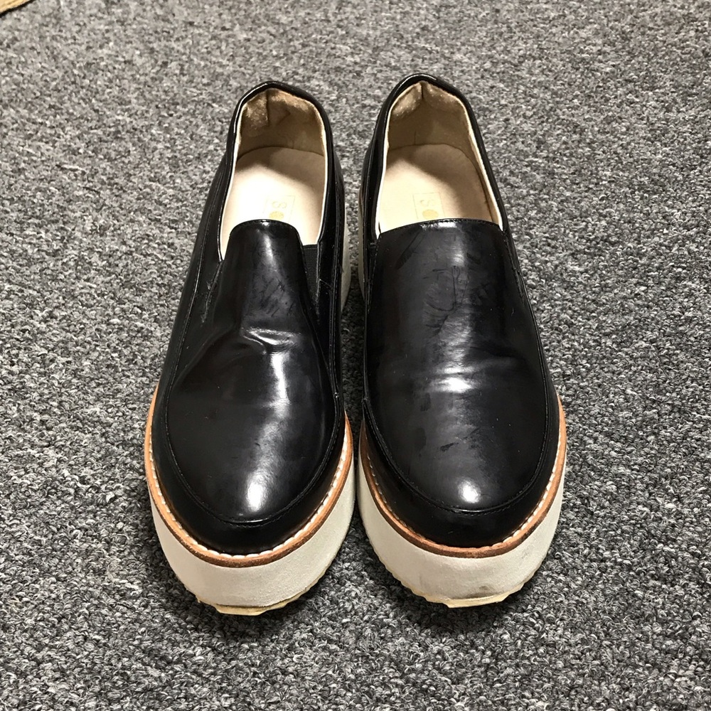 Sol Sana Black Leather Platform Slip-On Loafers with Cream Sole